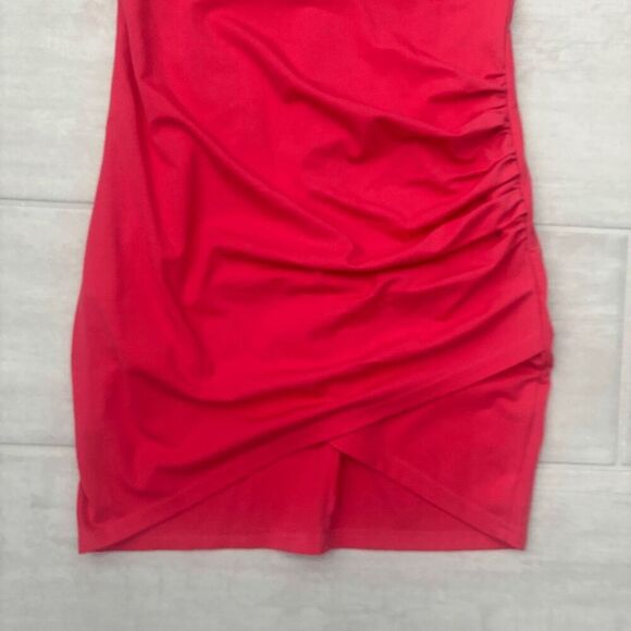 Sarin Mathews Bodycon Dress Surplice V Neck Short Sleeve Pink Ruched Tulip Hem S - Picture 2 of 7